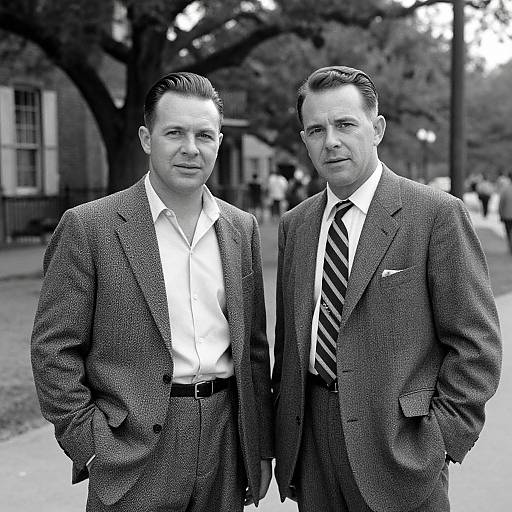 Black-and-white photograph of two men in 1950s-style suits, standing outdoors on a tree-lined street, both with hands in pockets, smiling