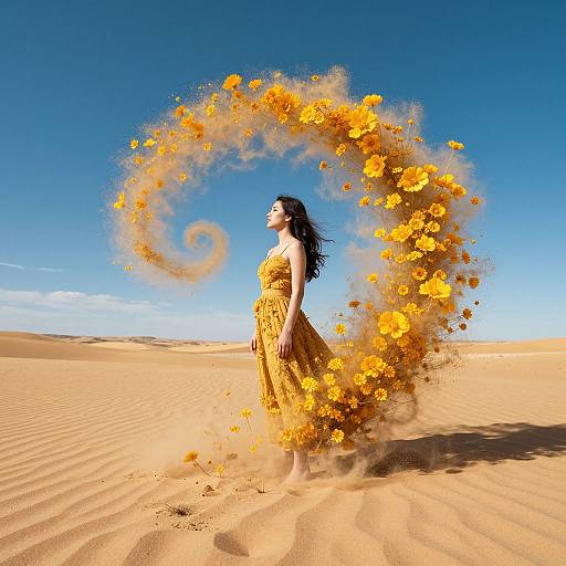 Photograph of a woman in a yellow dress, standing in a desert, surrounded by swirling orange flowers against a clear blue sky.