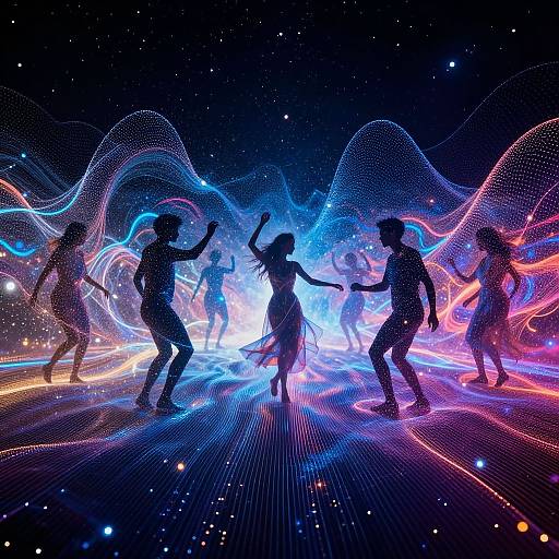 Digital artwork of colorful, neon-lit silhouettes dancing energetically on a glowing, grid-patterned floor against a starry night background.