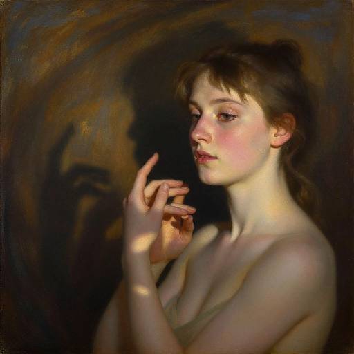Photorealistic oil painting of a fair-skinned, topless young woman with brown hair, gazing contemplatively, hand raised, soft light highlighting