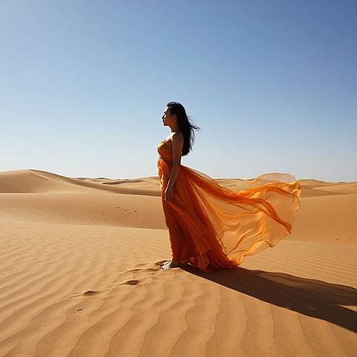 Photograph of a woman with long black hair in a flowing orange dress, standing in a sunlit desert, with golden sand dunes and a clear