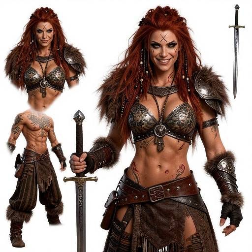 Digital artwork of a muscular, red-haired warrior woman in metallic armor, fur trim, and brown leather skirt, holding a sword, showcasing multiple angles.