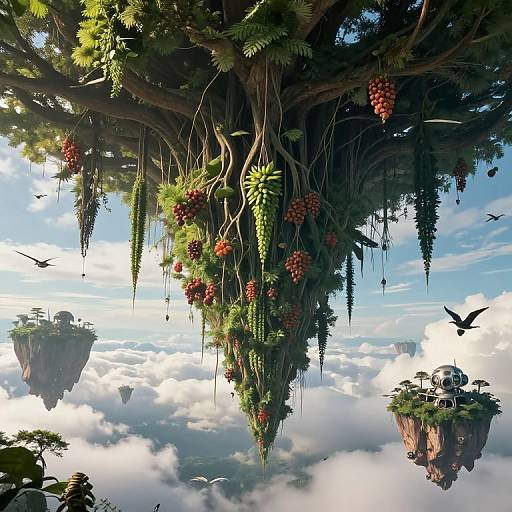 Fantastical CGI scene: towering tree with hanging vines, red berries, and green plants, floating above clouds, surrounded by floating islands, birds,