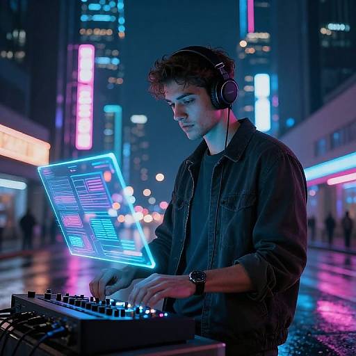 Neon-lit urban night scene photograph of a young man with curly hair, wearing headphones and a denim jacket, playing a DJ controller while focused on