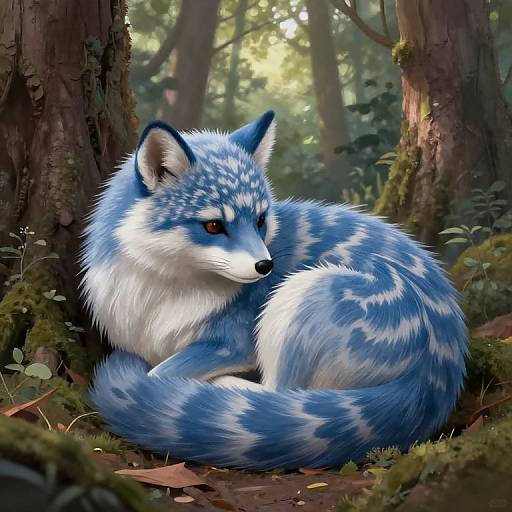 Digital painting of a blue and white fox with striking red eyes, curled up in a mossy forest, surrounded by tall trees and dappled sunlight