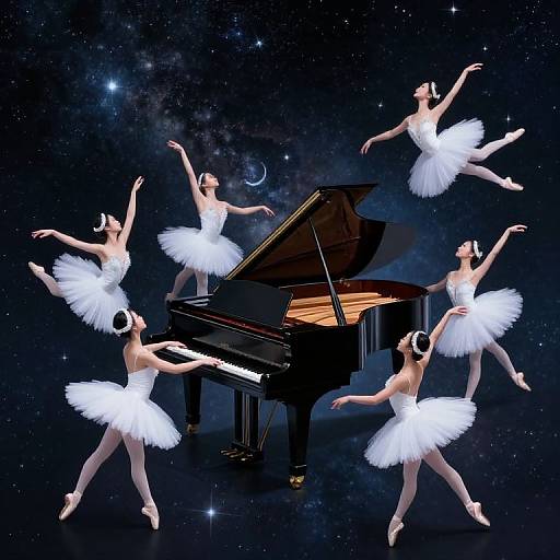Digital art: Five ethereal ballerinas in white tutus, gracefully leaping around a grand piano, set against a starry cosmic background.