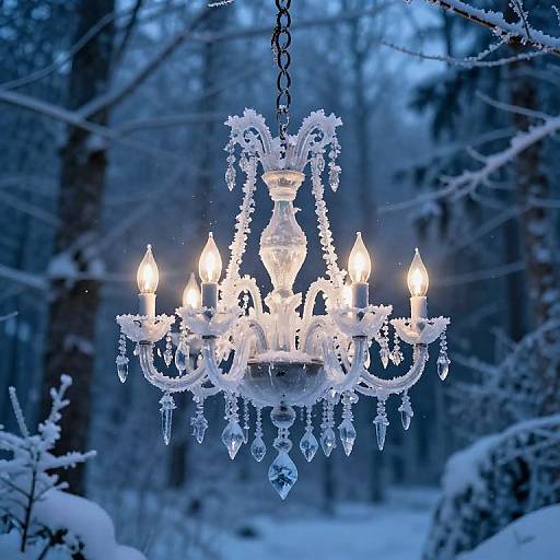 Photograph of a sparkling, ice-encrusted chandelier with glowing bulbs, hanging in a snowy forest at twilight. Blue hues dominate, with