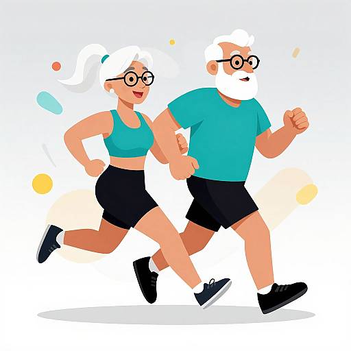 Illustration of an elderly couple jogging together, both wearing glasses, teal shirts, black shorts, and black shoes, against a white background with colorful dots