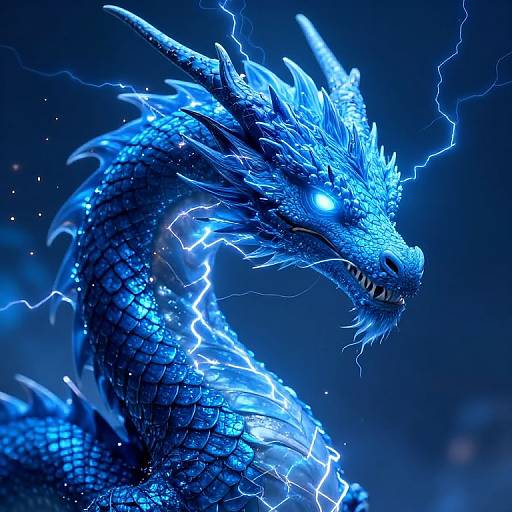 Digital artwork of a glowing blue, electric dragon with lightning accents, sharp horns, and fierce eyes, set against a dark blue background.