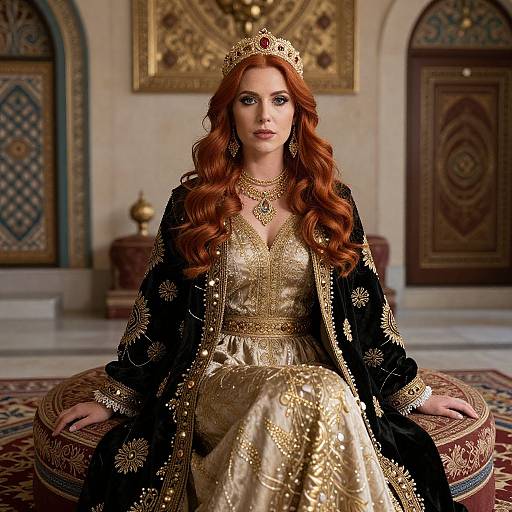Photograph of a red-haired woman with long curls, wearing a gold-embroidered dress, black robe with gold patterns, and crown, seated