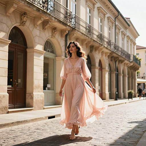 Woman in Flowing Pink Dress on Cobblestone Street