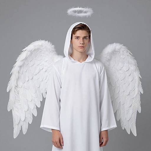 Photograph of a young man with white angel wings, halo, and hooded white robe, standing against a plain gray background.