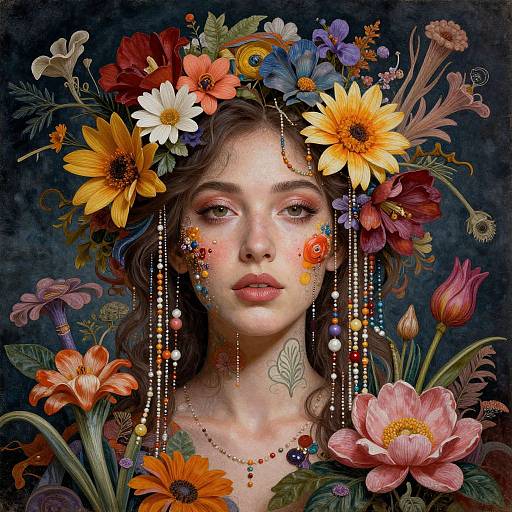 Digital artwork of a fair-skinned woman with floral crown, adorned with vibrant flowers and beads, against a dark textured background.
