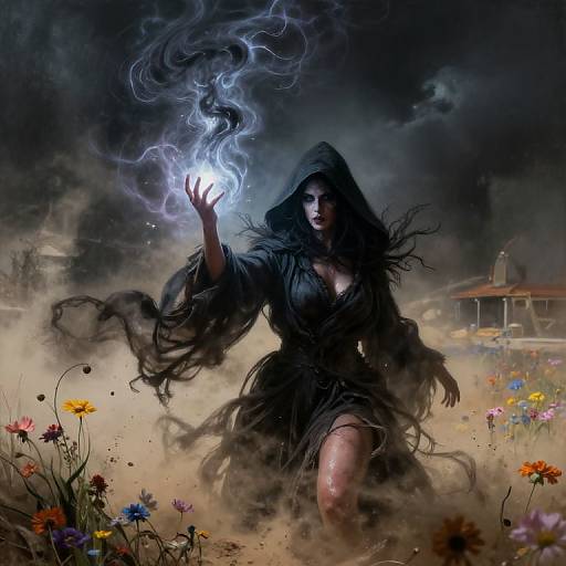 Digital artwork: Mysterious woman with long black hair, hooded dress, holding glowing blue smoke, amidst a foggy field of colorful flowers and a