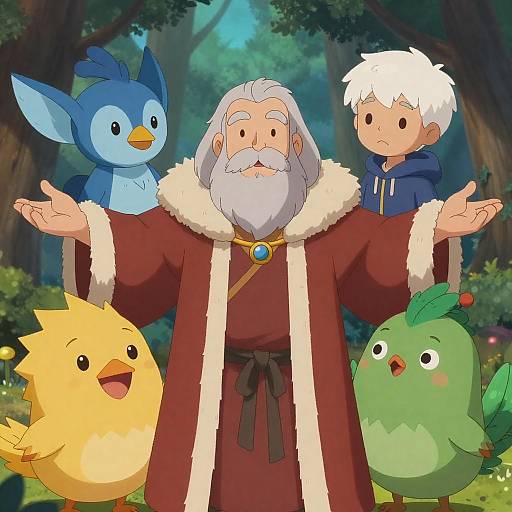 Whimsical Bearded Man in Forest Scene