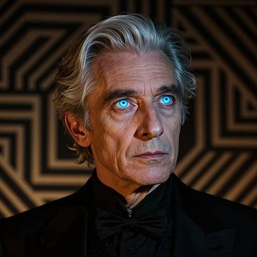 Photograph of an older man with striking blue glowing eyes, silver hair, and a serious expression, wearing a black shirt, against a geometric, pattern