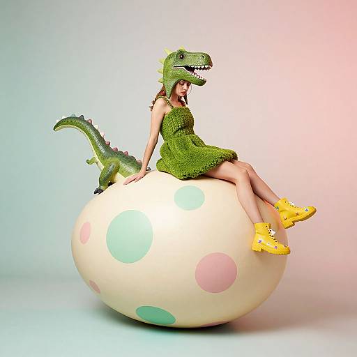 Photograph of a child in a green dinosaur helmet and dress, sitting on a large polka-dotted egg, with a small green dinosaur toy,