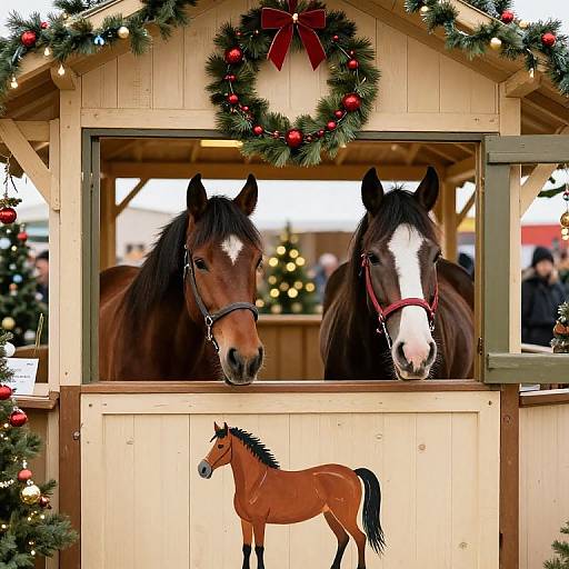 Curious Horses in Festive Stall