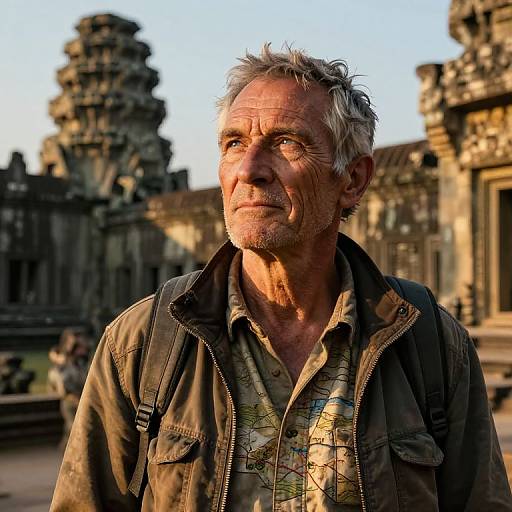Photograph of an older, rugged man with gray hair and beard, wearing a patterned shirt and jacket, standing in front of ancient, sunlit