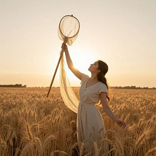 Photograph: Young woman in a beige dress holds a net, standing in a golden wheat field at sunset, gazing upwards.
