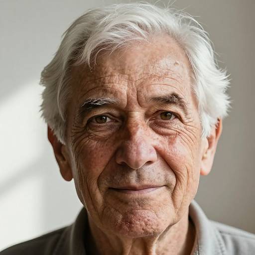 Close-up photograph of an elderly man with white hair, wrinkled skin, and a gentle smile, wearing a light gray shirt, against a softly lit
