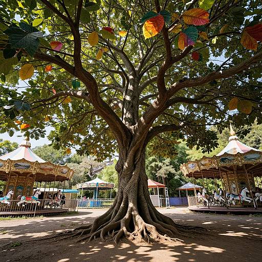 Photograph of a large tree with colorful paper leaves, surrounded by a sunny park with a carousel, people, and metal railings.