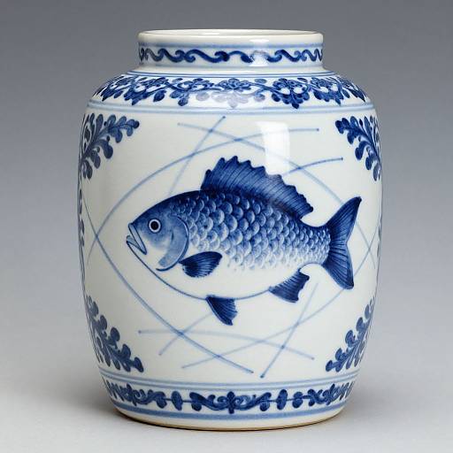 Photograph of a blue-and-white porcelain jar featuring a detailed, large blue fish with scales, surrounded by floral patterns and diagonal lines.
