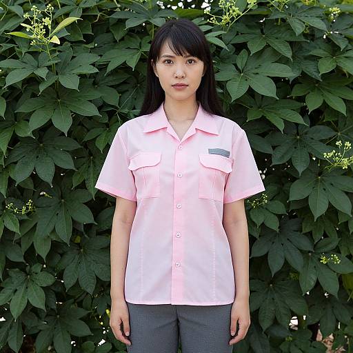 Photograph of an Asian woman with long black hair, wearing a pink short-sleeve button-up shirt and gray pants, standing in front of a