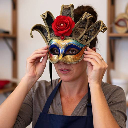 Woman Adjusting Ornate Venetian Mask
