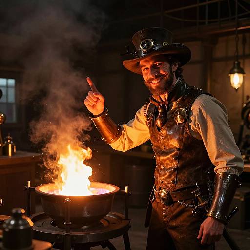 Giddy Steampunk Glassblower in Airship Workshop