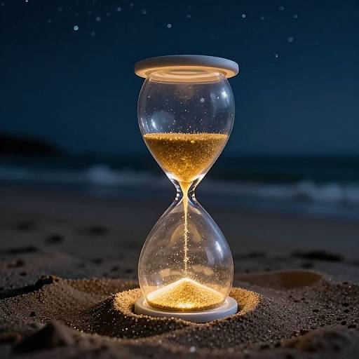 Photograph of a glowing sand hourglass on a dark, sandy beach at night, with sparkling sand and stars in the background.