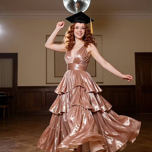 Photograph of a smiling woman with curly red hair wearing a shiny, ruffled, rose-gold dress and black graduation cap, dancing in a dim