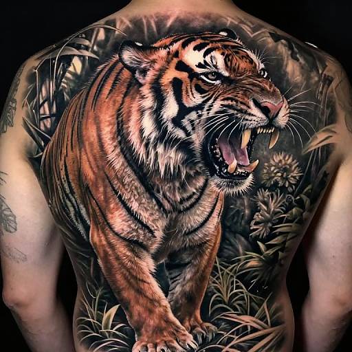 Tattooed human back featuring a fierce, roaring tiger with detailed black stripes and sharp teeth, surrounded by intricate floral patterns. Photorealistic style