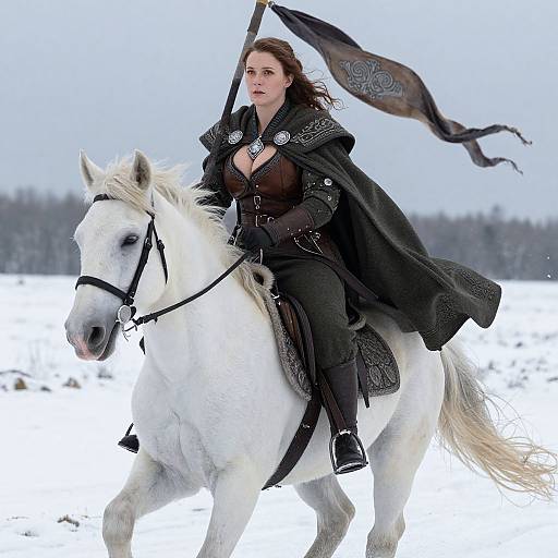 Photograph of a fierce, brown-haired woman in black medieval armor with a deep neckline, riding a white horse through snowy landscape, flag in hand,