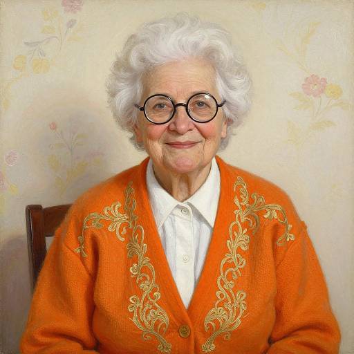 Photograph of an elderly white woman with curly white hair, round glasses, and an orange cardigan with gold embroidery, smiling against a floral wallpaper background