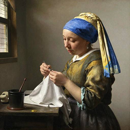 Photograph of a 17th-century-style woman with blue headscarf, golden-brown dress, white apron, ironing white cloth by