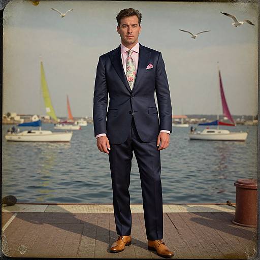 Photograph of a man in a navy suit, white shirt, colorful tie, and brown shoes standing on a waterfront pier with sailboats and seag