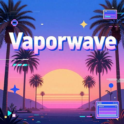 Digital artwork of a vibrant sunset with palm trees, orange sun, purple and pink sky, 