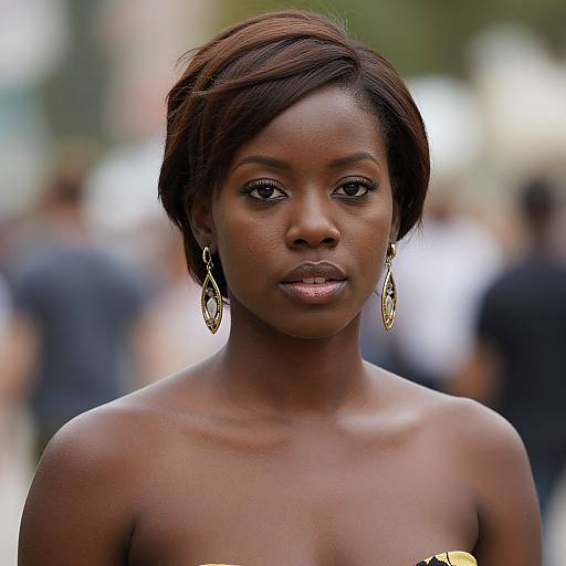 Photograph of a beautiful, dark-skinned African woman with short, brown hair, wearing gold, teardrop earrings and a strapless top,