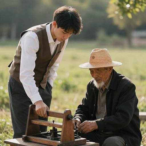 Men in Grassy Field: Generations Together