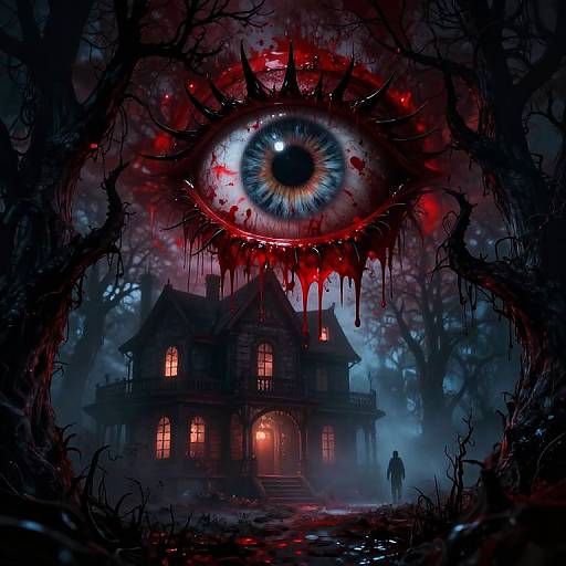 Dark, eerie digital artwork of a haunted house with a giant blood-streaked eye above, glowing in the misty night. Silhouetted