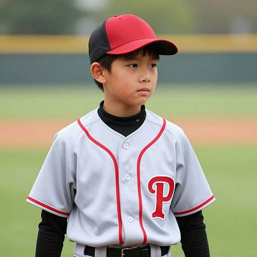 Boy in Grey and Red Baseball Uniform