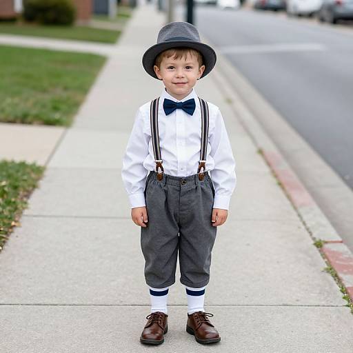 Photograph of a smiling young boy in a white shirt, dark bow tie, gray pants, suspenders, and brown shoes, wearing a gray hat