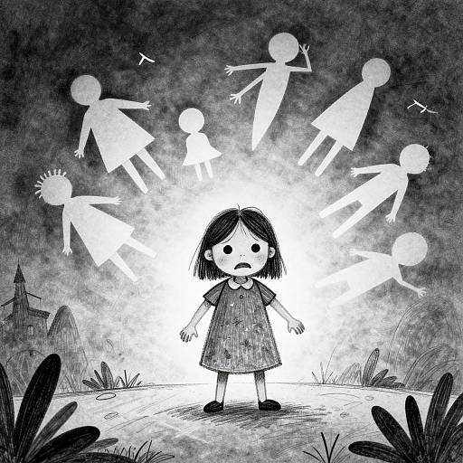 Monochrome digital drawing: Chibi girl with black hair, simple dress, centered in bright light, surrounded by white, abstract, floating stick figures.