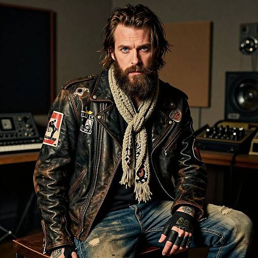 Photograph of a rugged, bearded man with blue eyes, wearing a black leather jacket, white scarf, and fingerless gloves, seated in a