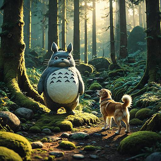 Totoro and Golden Retriever Fusion in Mossy Forest