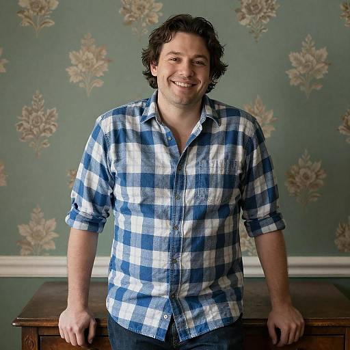 Photograph of a smiling, medium-build man with wavy brown hair, wearing a blue and white plaid shirt, standing against a floral-patterned