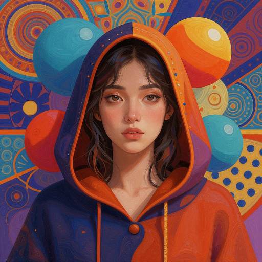 Digital painting of a young woman with fair skin, dark eyes, and black hair, wearing a colorful hooded jacket with orange and blue balloons, set