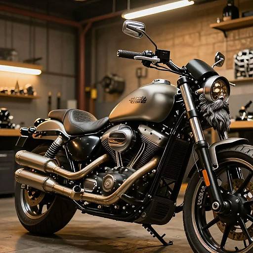 Photograph of a sleek, matte black Harley-Davidson motorcycle with chrome exhaust pipes and a furry face mask on the headlight, in a dim