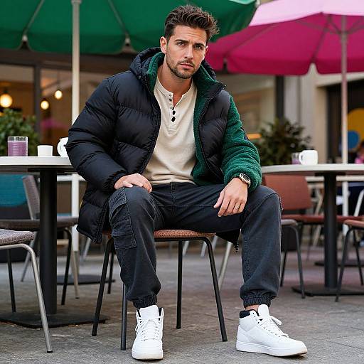 Photograph of a handsome, bearded man with dark hair, wearing a black puffer jacket, white shirt, black pants, and white sneakers,